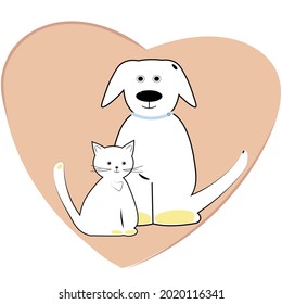 Cute animals, a dog and a small cat drawn with a contour line with abstract spots on the background of a heart. Taking care of homeless animals.