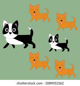 Cute animals dogs happy family, with father and children, daughters and son on green isolated background, vector illustration.