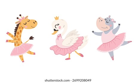 A cute animals is doing ballet. Vector in a cute children's style.