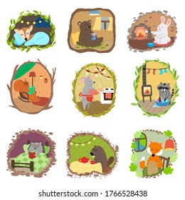 Cute animals doing casual things in their burrows underground vector illustration