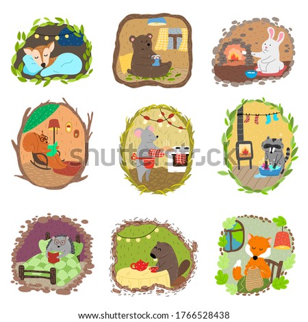 Cute animals doing casual things in their burrows underground vector illustration