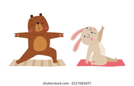 Cute animals doing yoga. Bear and bunny performing various yoga poses set cartoon vector illustration