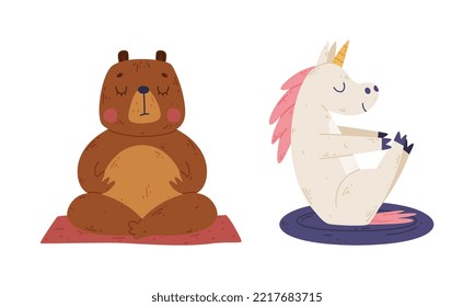 Animales guapos haciendo yoga. Ilustración vectorial del conjunto de meditación de oso y unicornio