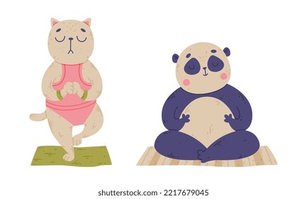 Cute animals doing yoga. Cat and panda bear meditating set cartoon vector illustration