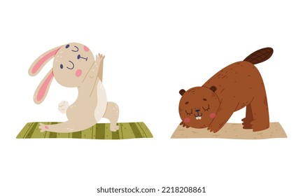 Cute animals doing yoga. Cat and beaver performing yoga asanas set cartoon vector illustration
