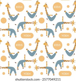 Cute animals doing yoga. Funny giraffes in different asanas. Vector seamless pattern for kids in a flat style. Texture for textile or wrapping paper.