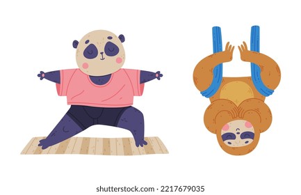 Cute animals doing yoga. Panda bear and sloth performing various yoga poses set cartoon vector illustration