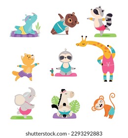 Cute animals doing yoga set. Adorable monkey, giraffe, cat, hippopotamus, elephant, horse practicing fitness exercises cartoon vector illustration svg