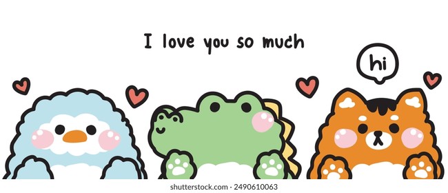 Cute animals doll greeting with I love you so much text.Heart.Penguin,crocodile,tiger hand drawn.Cartoon character design.Kawaii.Vector.Illustration.