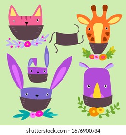 
Cute animals don't want to get sick. Cat, giraffe, bunnies, hippo protect against viruses. Separate faces of animals in black medical masks for posters, flyers, booklets, banners. Doodle illustration