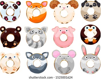 Cute animals donuts set isolated on white vector illustration. Cute cartoon characters.