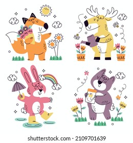 Cute animals doodle collection. Farm animals, wild animals. Vector illustration design template.