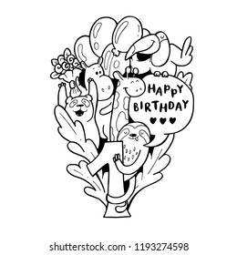 Cute animals doodle first birthday pattern. Black and white Happy Birthday illustration with panda, toucan, sloth, giraffe, hippo for card, coloring book, t-shirt, fabric print, party invitation