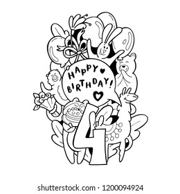 Cute animals doodle fourth birthday pattern. Black and white Happy Birthday illustration with hare, bear, monkey, panda and lama for card, coloring book, t-shirt, fabric print, party invitation