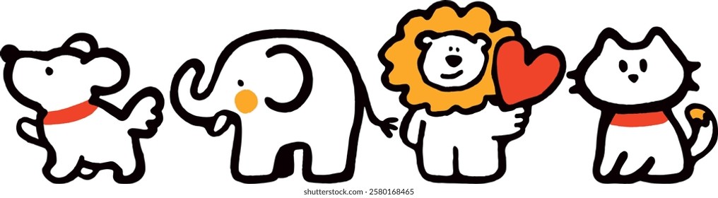 Cute Animals Doodle Fun Lion Elephant Cat and Dog Adorable Drawings Nursery Happy Vector Set Illustration