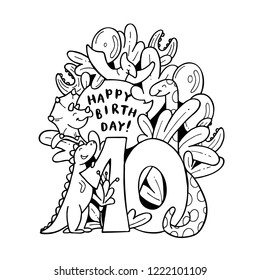 Cute animals doodle pattern tenth birthday celebration. Black and white Happy Birthday illustration with funny dinosaurs: pterodactyl, triceratops, brachiosaurus for coloring book, t-shirt  print