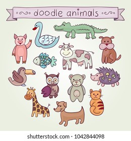 Cute Animals Doodle Set. Hand drawn swan, pig, fish, crocodile, dog, cow, hedgehog, bear, owl, bird, giraffe, dachshund, cat. Vector illustration for your cute design.          
