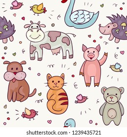 Cute Animals Doodle Set. Hand drawn swan, pig, fish, crocodile, dog, cow, hedgehog, bear, owl, bird, giraffe, dachshund, cat. Vector illustration for your cute design.          