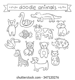 Cute Animals Doodle Set. Hand drawn swan, pig, fish, crocodile, dog, cow, hedgehog, bear, owl, bird, giraffe, dachshund, cat. Vector illustration for your cute design.          