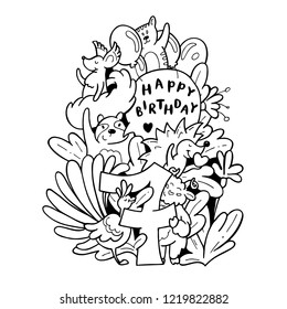 Cute animals doodle seventh birthday pattern. Black and white Happy Birthday illustration with hedgehog, lamb, sheep, goat, peacock, raccoon, cat, squirrel for card, coloring book, party invitation