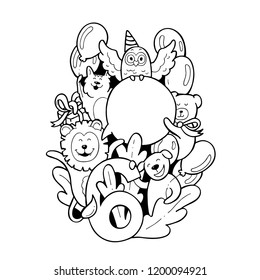 Cute animals doodle sixth birthday pattern. Black and white Happy Birthday illustration with owl, cat, bear, lion, puppy for card, coloring book, t-shirt, fabric print, party invitation