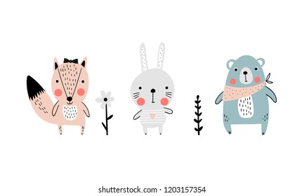 Cute animals in doodle style Isolated on white background. Fox, bear and hare illustration for kids in a vector.