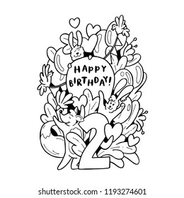 Cute animals doodle two years birthday pattern. Black and white Happy Birthday illustration with rabbits, fox, birds, hearts for card, coloring book, t-shirt, fabric print, party invitation