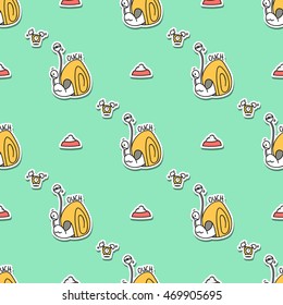 Cute animals doodle vector seamless pattern. Snail fun animals.