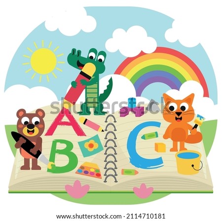 Cute animals draw and paint abc  letters in  notebooks