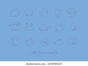 Cute animals drawing in line art style on blue background