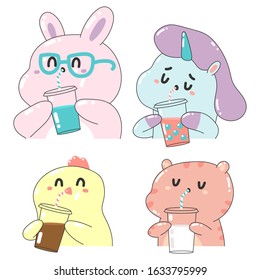 Cute animals drink smoothie, coffee, bubble tea and milk vector cartoon characters set isolated on a white background.