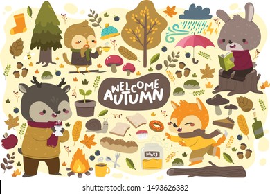 cute animals drinking cofee in autumn, cute animal set and miscellaneous in autumn, autumn set miscellaneous