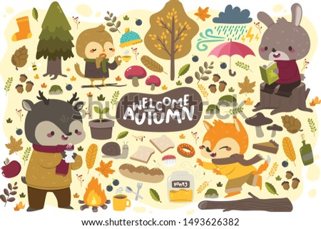 cute animals drinking cofee in autumn, cute animal set and miscellaneous in autumn, autumn set miscellaneous