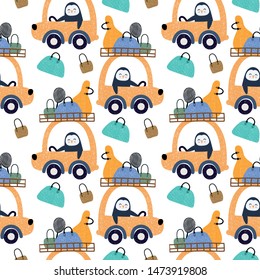 Cute animals driving a car with bags seamless pattern background. Design for fabric, wrapping, textile, wallpaper, apparel.