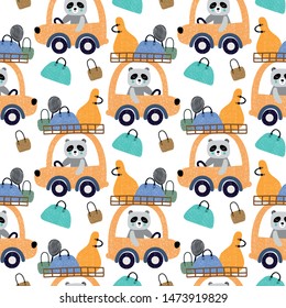 Cute animals driving a car with bags seamless pattern background. Design for fabric, wrapping, textile, wallpaper, apparel.