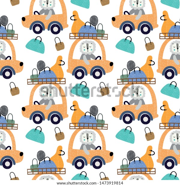 Cute
animals driving a car with bags seamless pattern background. Design
for fabric, wrapping, textile, wallpaper,
apparel.