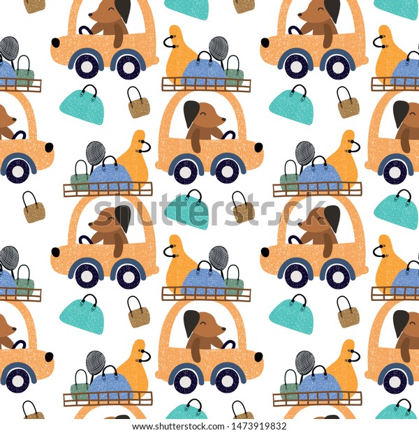 Cute\
animals driving a car with bags seamless pattern background. Design\
for fabric, wrapping, textile, wallpaper,\
apparel.