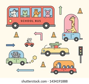 Cute animals are driving a car. flat design style minimal vector illustration.