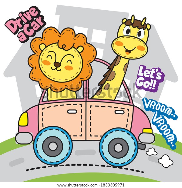 Cute animals\
driving car illustration for t\
shirt