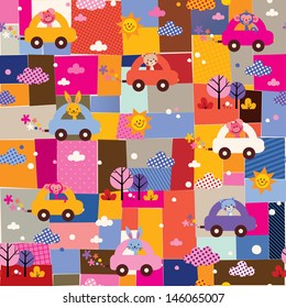cute animals driving cars kids collage pattern