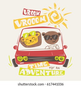 cute animals driving, print design