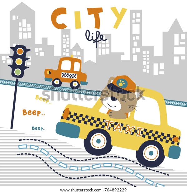 cute animals driving taxi on building\
background, vector cartoon\
illustration
