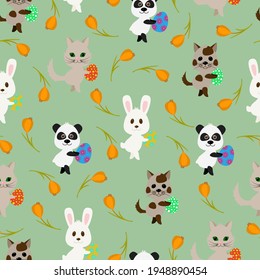 Cute animals with Easter eggs, tulips - seamless pattern