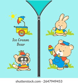 cute animals eating ice cream
, Animal Cartoon, Flat Vector Illustration