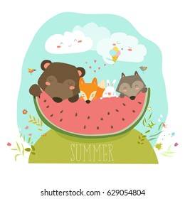 Cute Animals Eating Watermelon Slice. Hello Summer