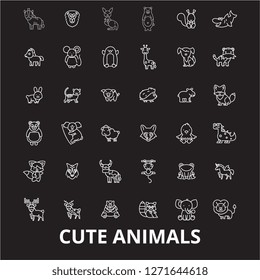 Cute animals editable line icons vector set on black background. Cute animals white outline illustrations, signs, symbols