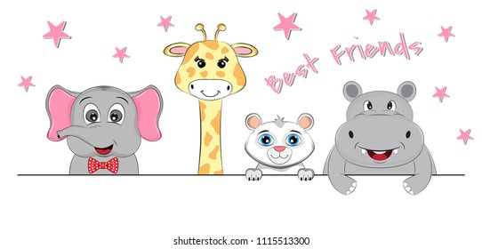 Cute animals elephant, giraffe, lion and hippo best friends. Sweet kids graphics for t-shirts. Greeting card.