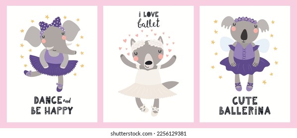 Cute animals, elephant, wolf, koala, ballerina girls, ballet dancers. Posters, cards collection. Hand drawn vector illustration. Scandinavian style flat design. Concept kids fashion, textile print.