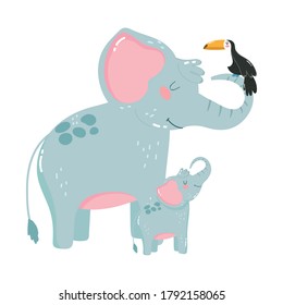 cute animals elephants toucan nature wild cartoon vector illustration