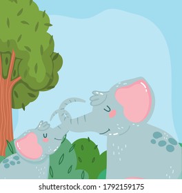 animales lindos elefantes arbustos naturaleza forestal caricatura salvaje ilustración vectorial